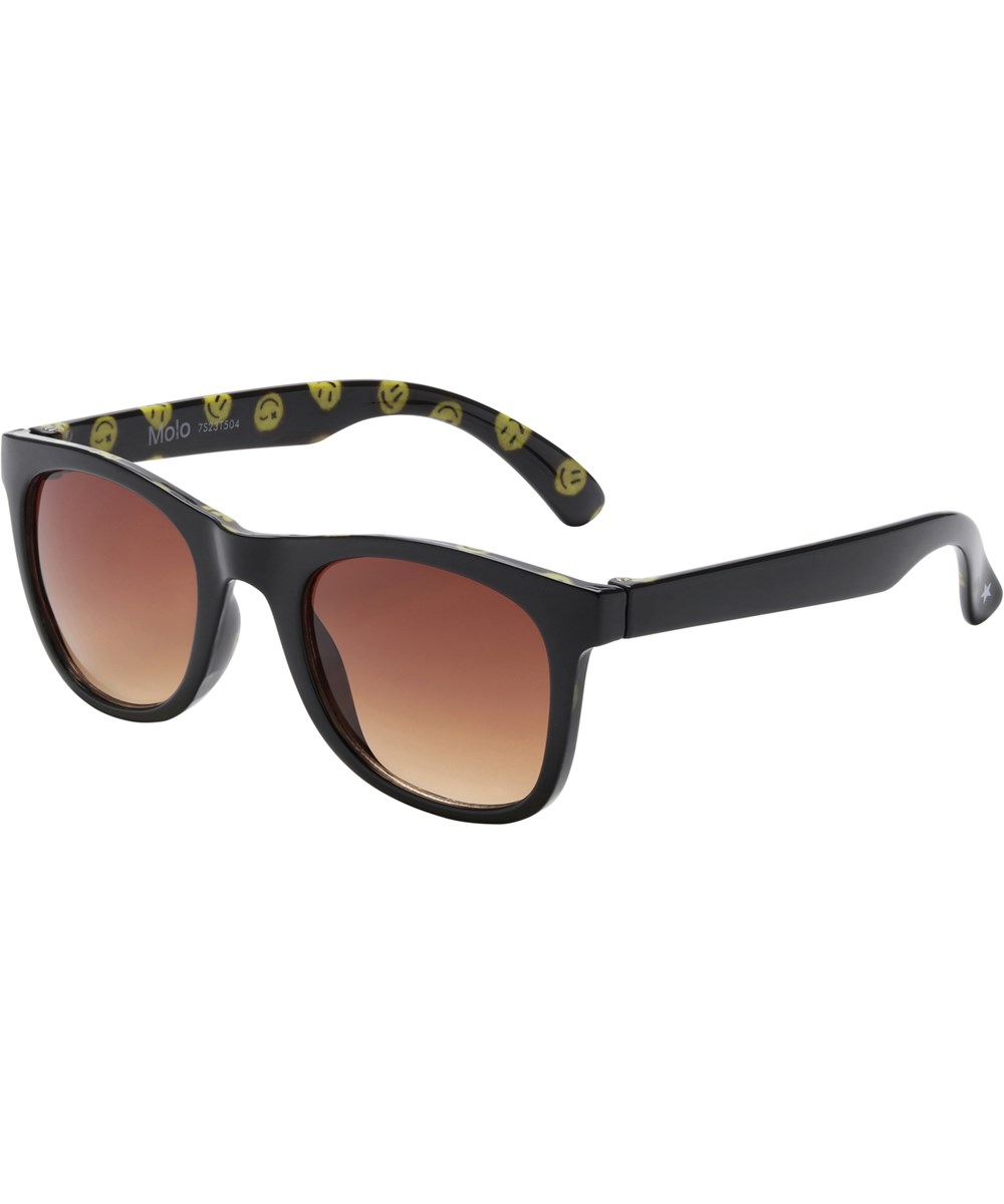 Smile - Happy Sunny - Sorte solbriller med smiley print indvendig