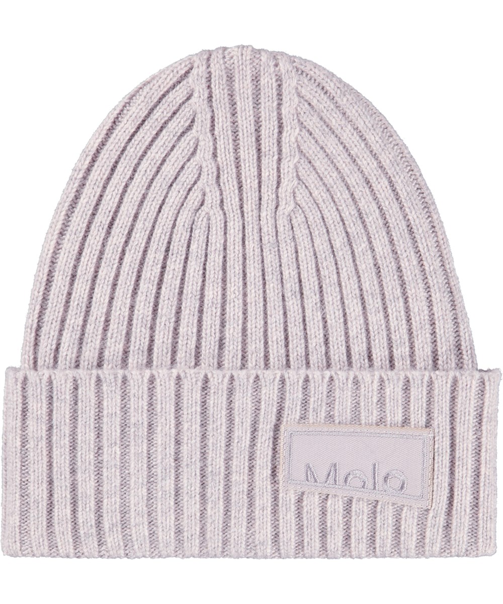 Karli - Lilac Marble - Lyslilla ribstrikket hue med ombuk til børn. 