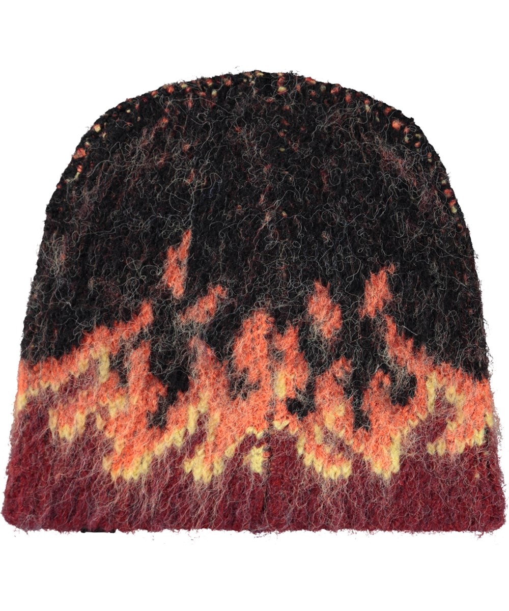 Kavan - Flames - Sort fluffy hue i alpaka uldblanding med rødt flammemønster til børn. 