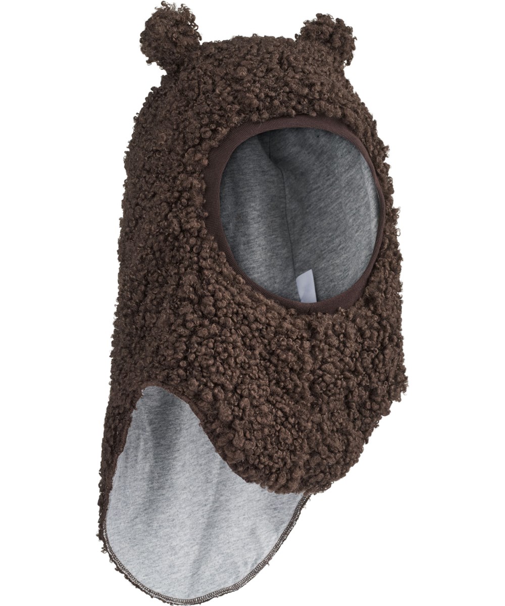 Kay - Dark Cocoa - Mørkebrun elefanthue i teddyflece med søde bamseører, til børn. 