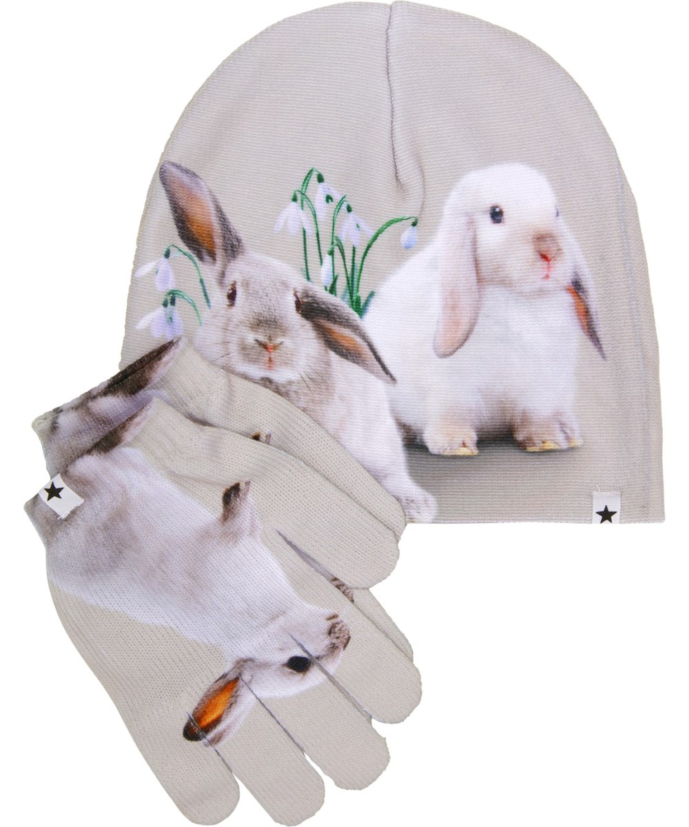Kaya - Bunnies - Beige sæt med hue og handsker med kaninprint
