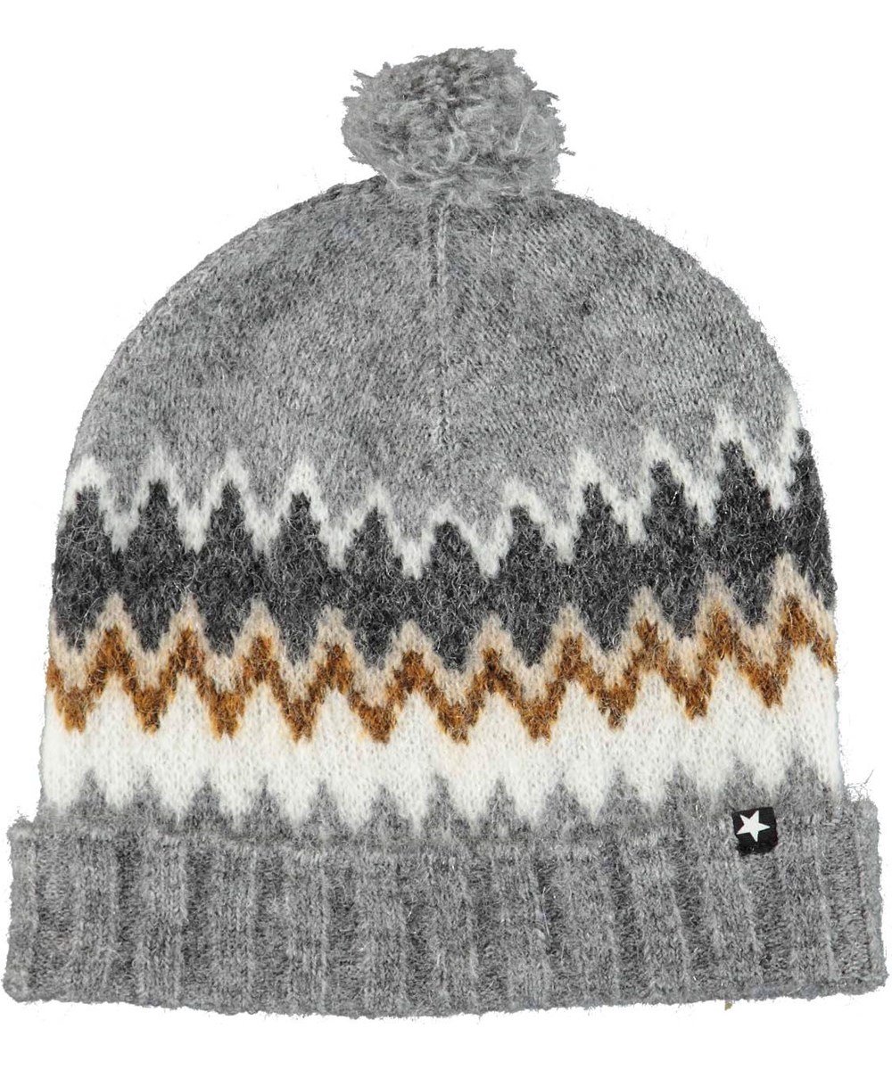 Keeli - Nordic Knit - Grå strik hue med nordisk mønster og kvast
