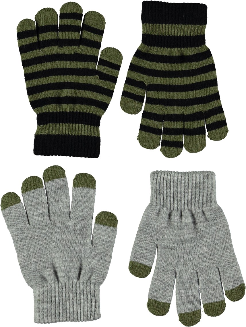 Kei - Grey Melange - To par strik handsker med striber