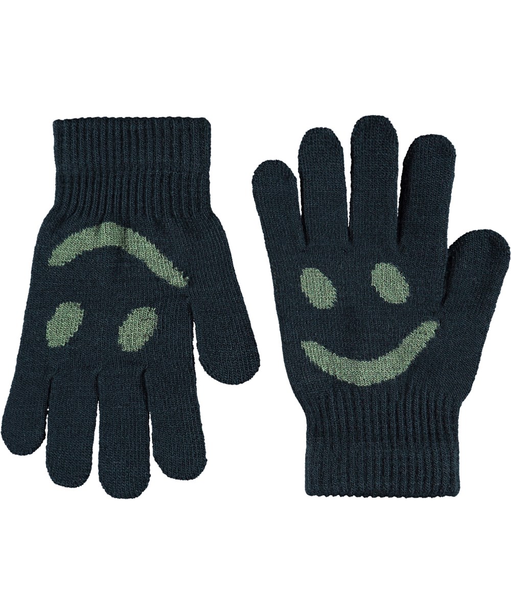 Kello - Night Navy - 2-pak strikhandsker til børn. Det ene par er grønne og sorte, mens det andet par er mørkegrønt med lysegrønt smilende ansigt