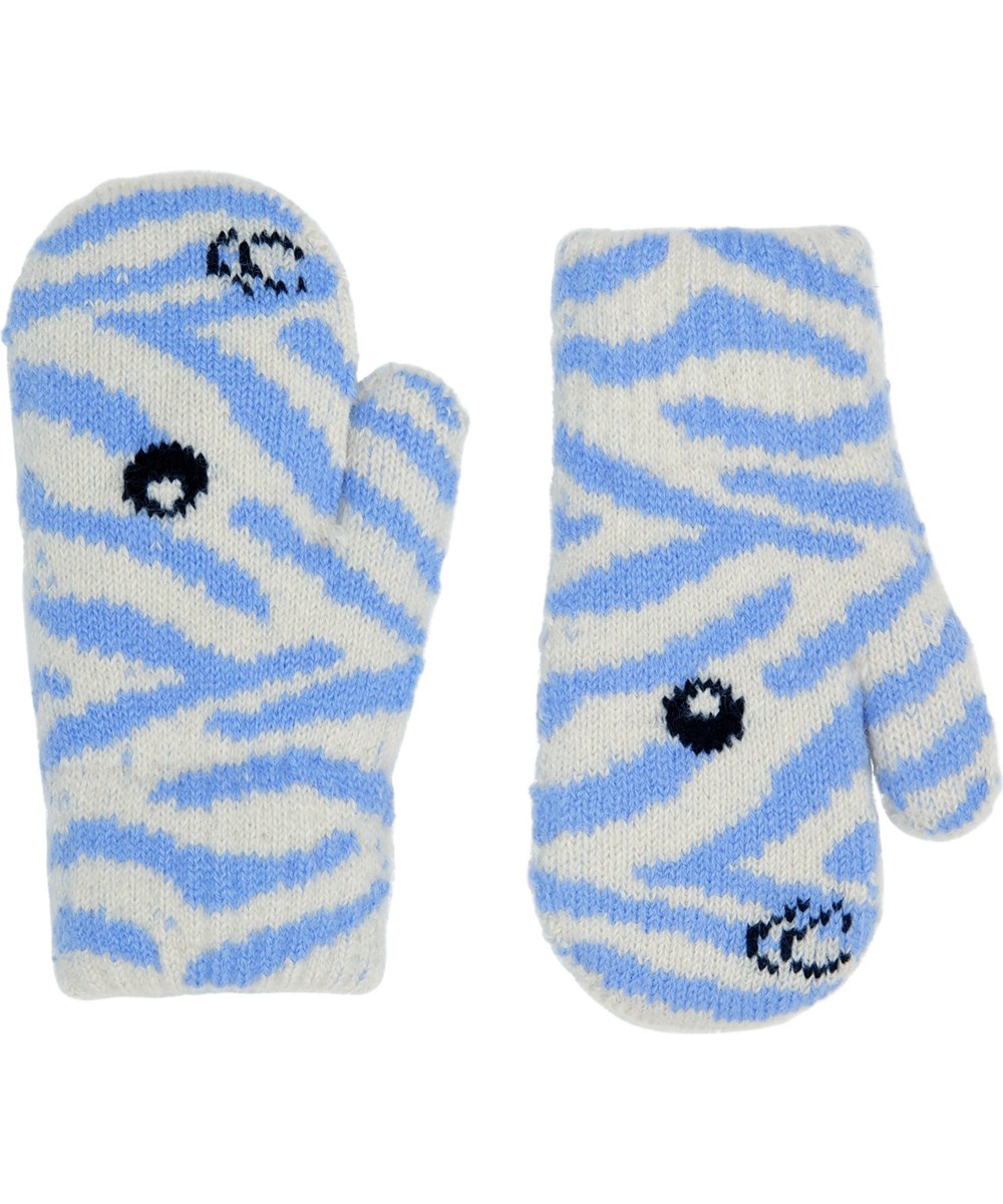 Kenau - Zebra Blue - Blålilla og råhvide zebrastribet strikvanter til de mindste med en et sødt zebra ansigt