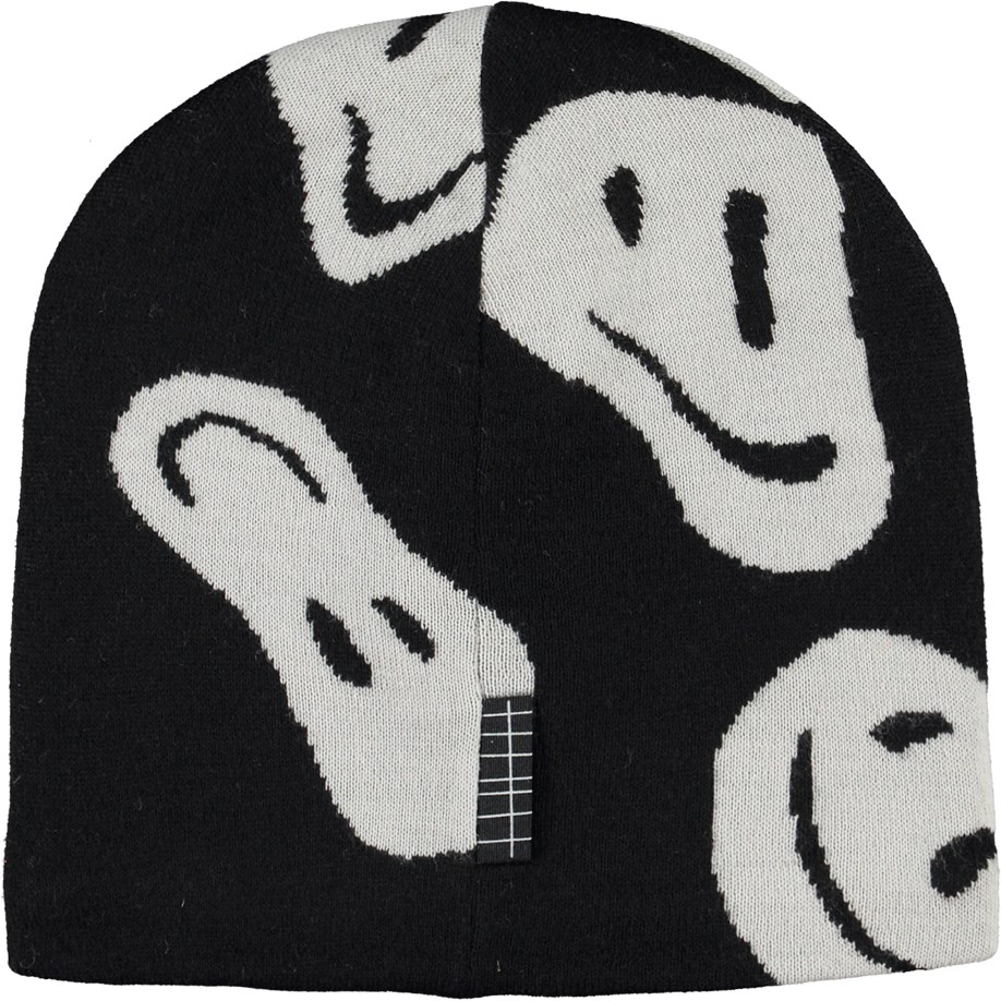 Kenzie - Swirly Black - Sort hue i uldmix med  smiley print på fronten