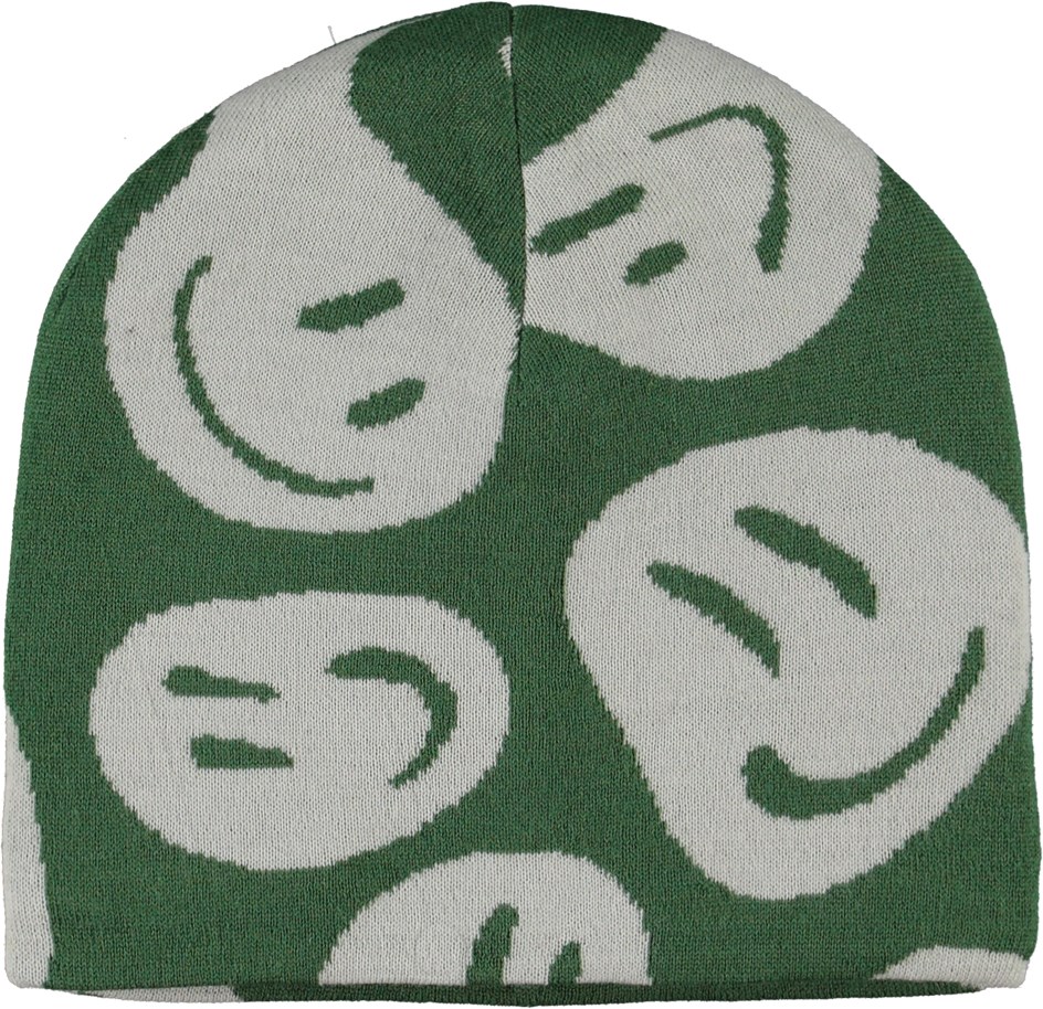 Kenzie - Swirly Green - Grøn hue i uldmix med  smiley print på fronten