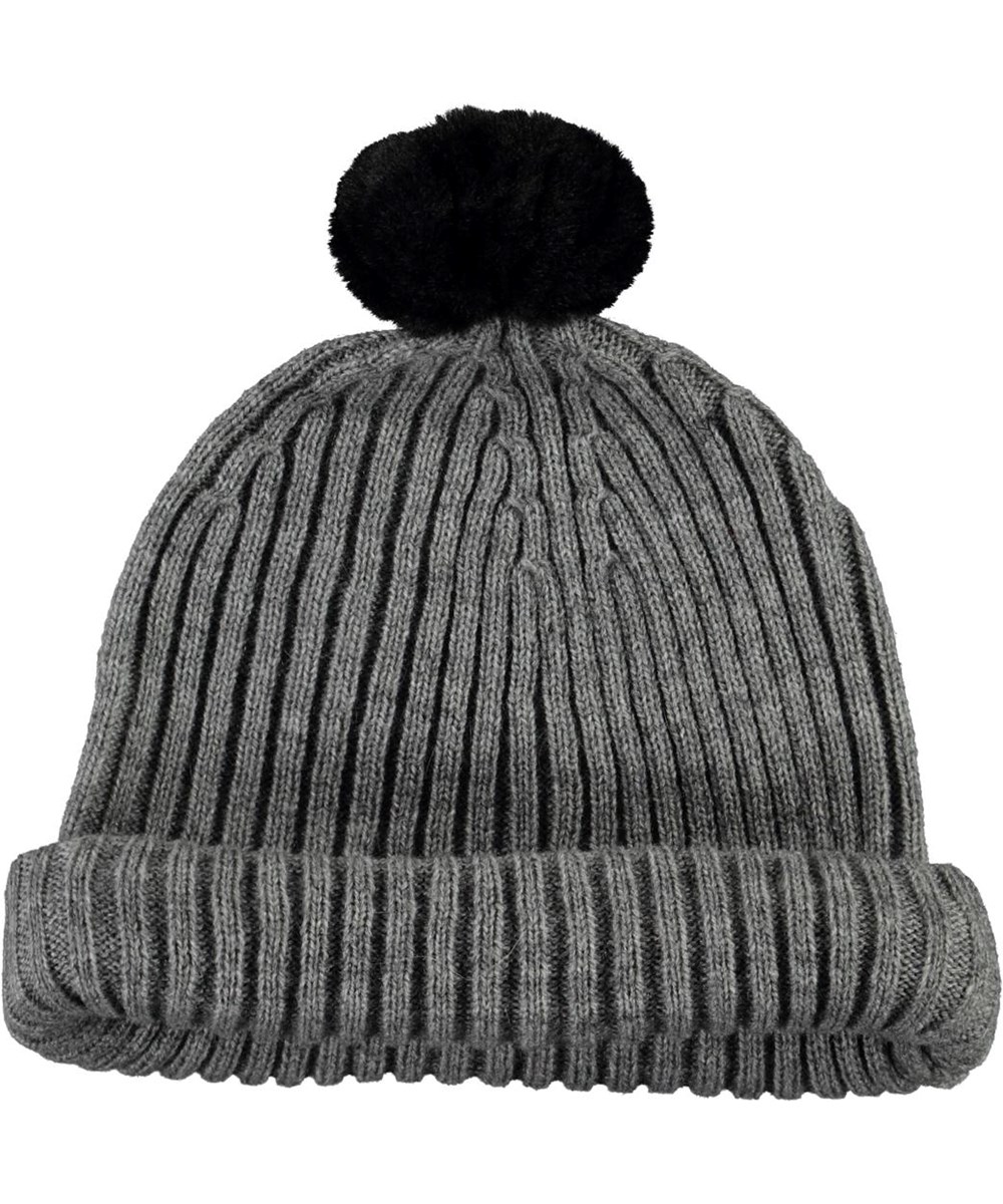 Kikki - Warm Grey Melange - Grå strik hue med pels kvast