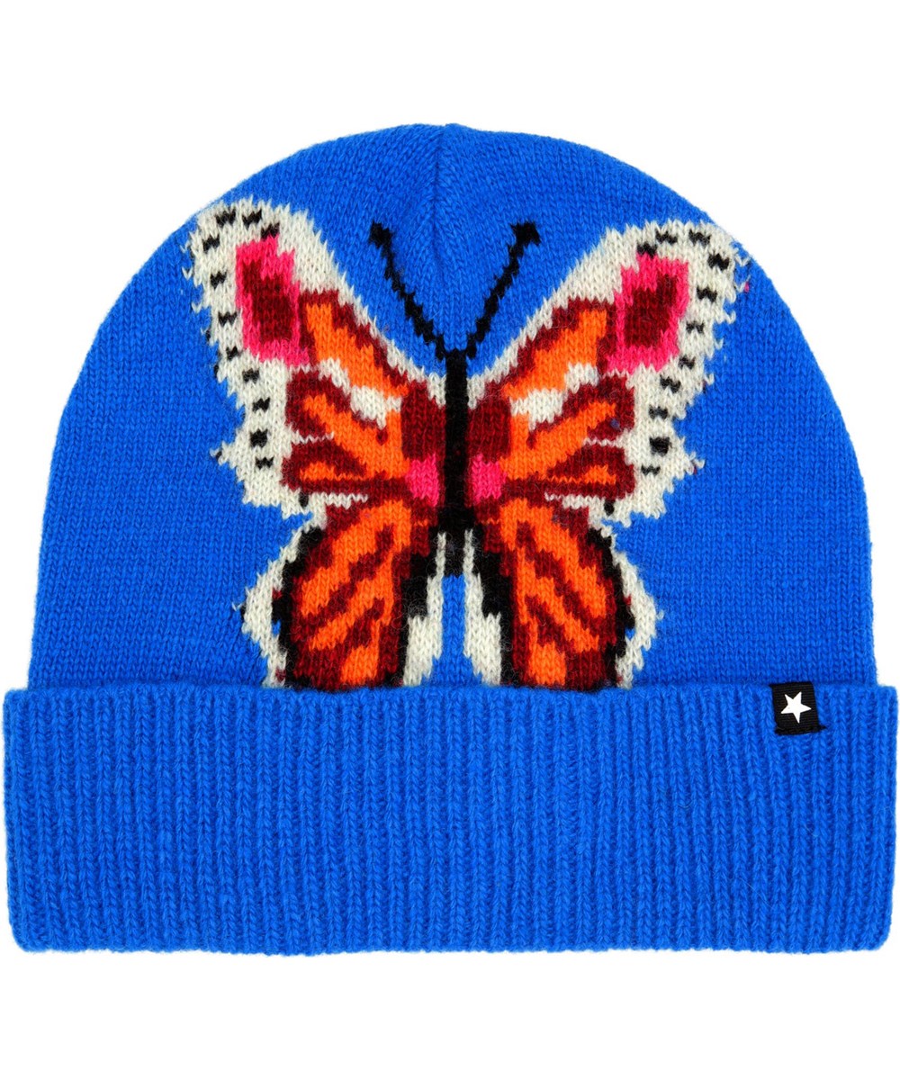 Kipp - Butterfly Knit - Blå strikhue fremstillet i en blød uldblandning med en stor strikket sommerfugle i flotte oange og lyserøde nuancer