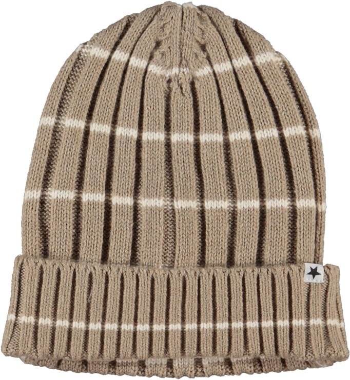 Kitt - Ridge Stripe - Rib strikket babyhue i mørk beige med smalle hvide striber