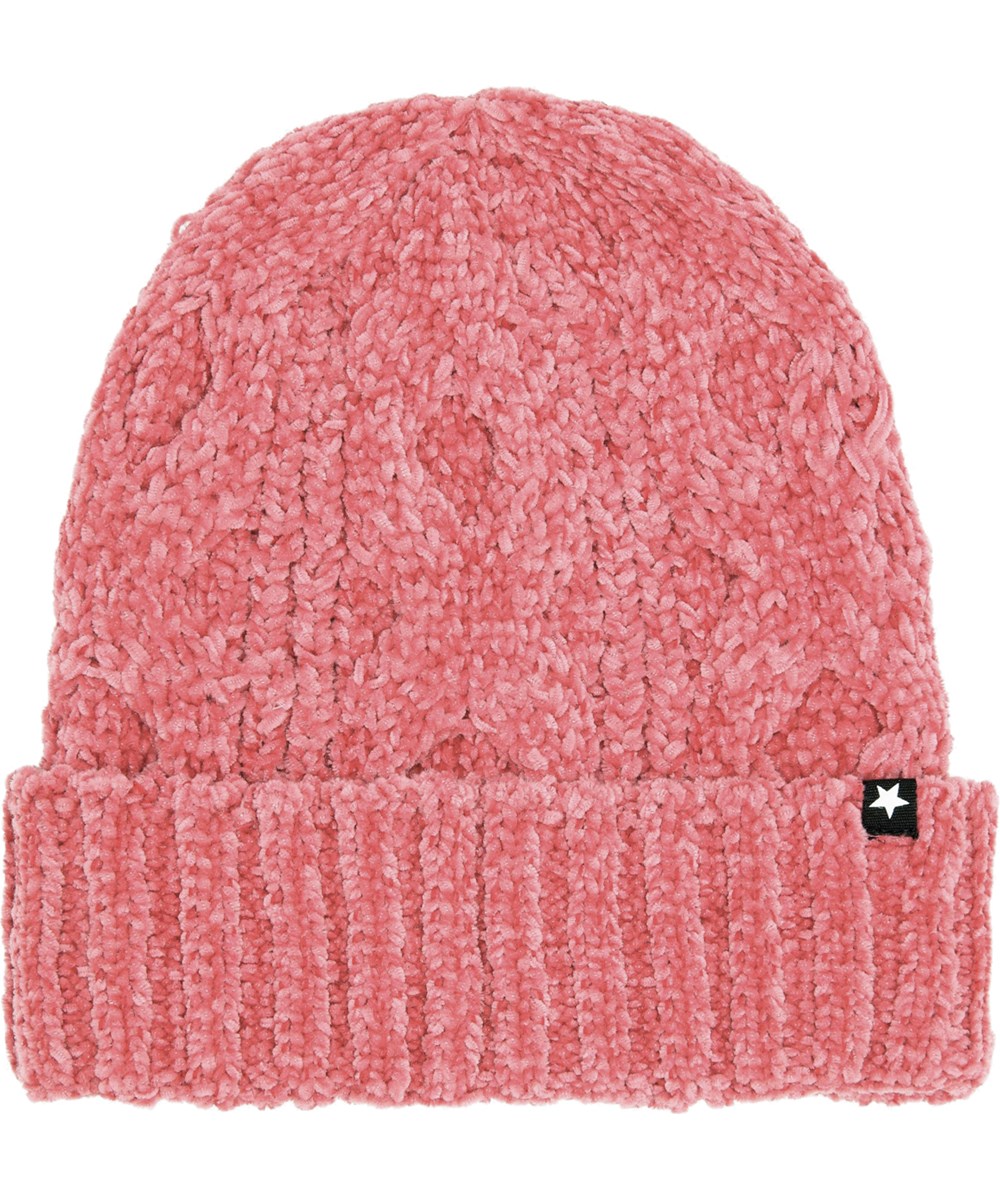 Kitty - Flamingo Plume - Koralfarvet blød hue fremstillet i flot chenille strik