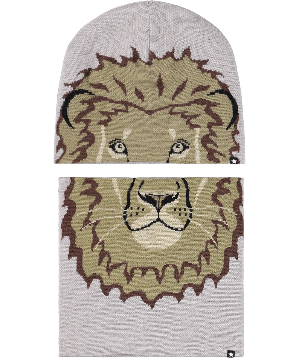 Kleo - Lion Face - Grå hue og halsrør i uldblanding med løvemotiv til børn. 