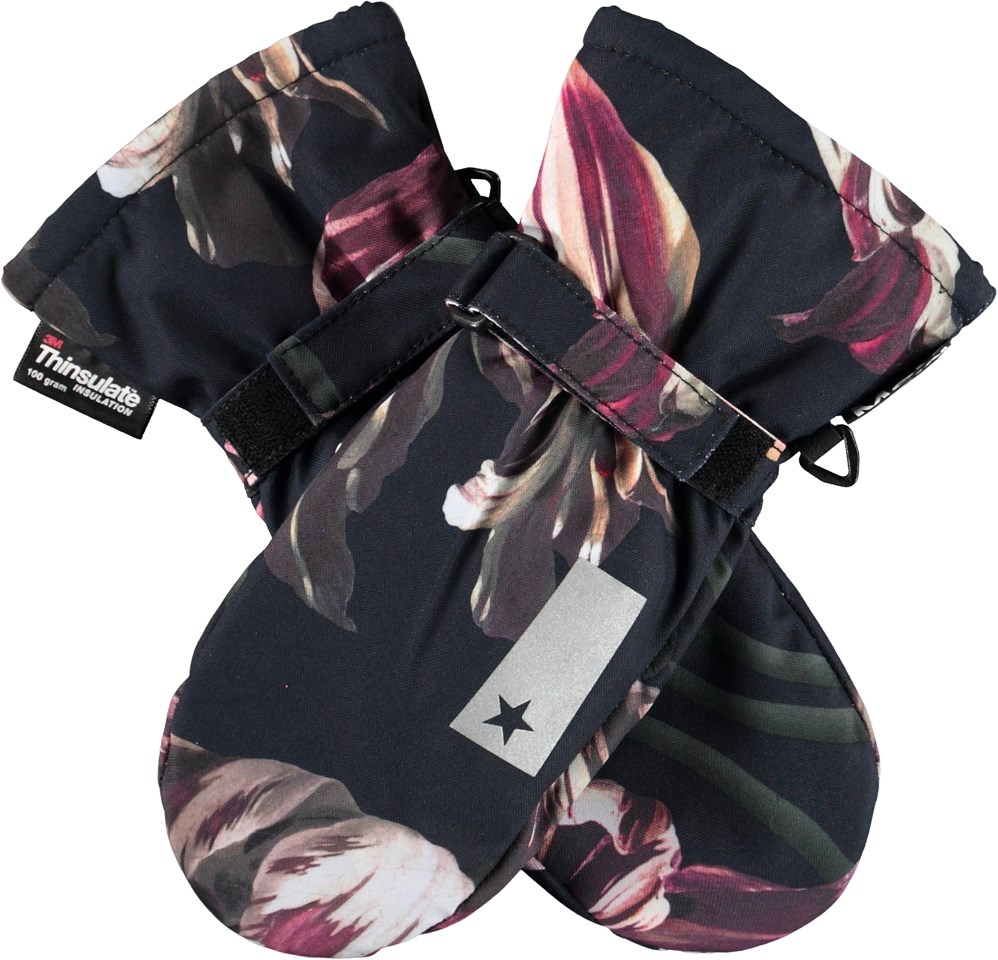 Mitzy - Tulips - Recycled sorte vandtætte handsker med tulipaner