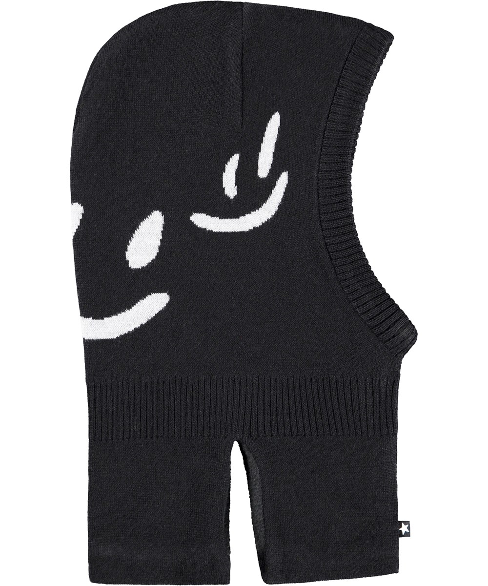 Snow - Black - Sort elefanthue med beige smilende ansigter til børn.