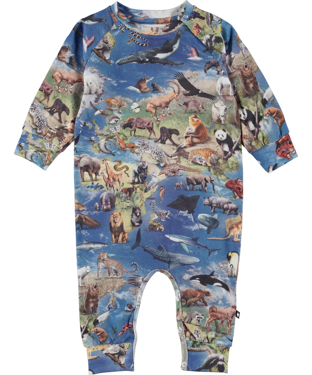 Fairfax - Animal Earth - Organic long sleeve baby bodysuit with long legs and animal print