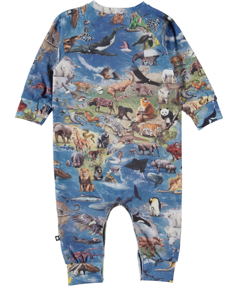 Fairfax - Animal Earth - Organic long sleeve baby bodysuit with long legs and animal print