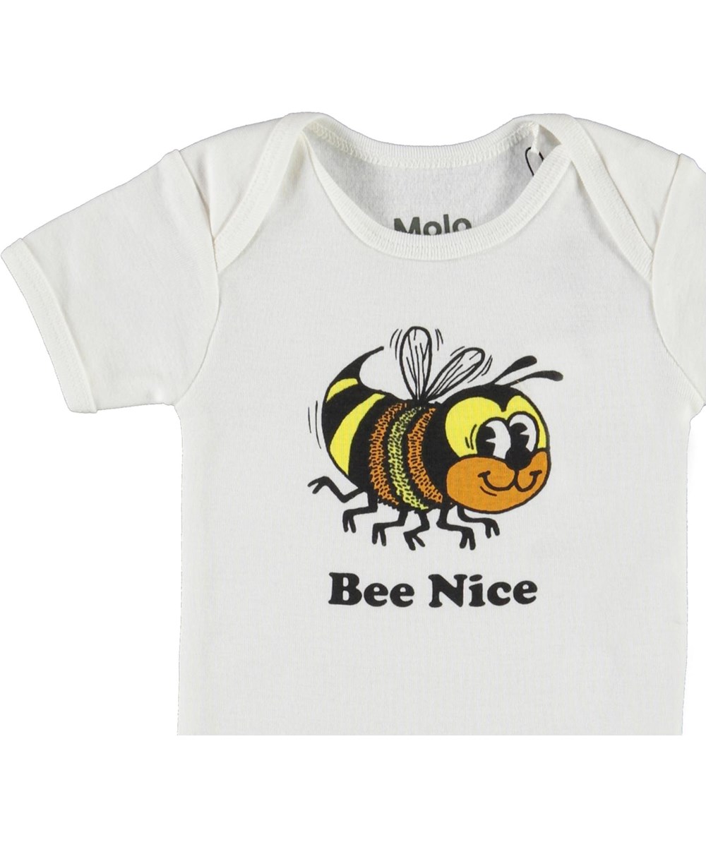 Fawl - White Star - White organic baby bodysuit with bee print