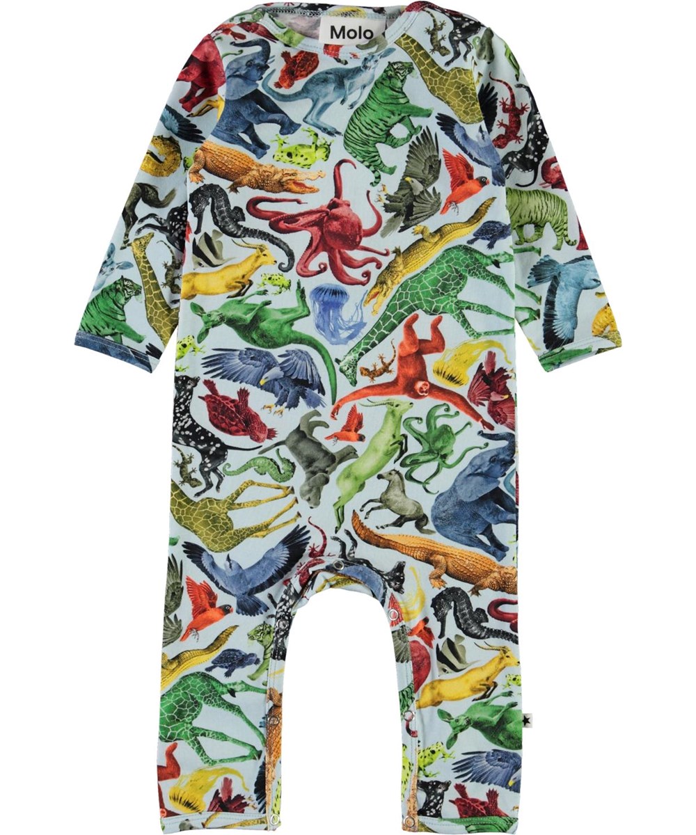 Fleming - Colourful Animals - Light blue baby bodysuit with animal print