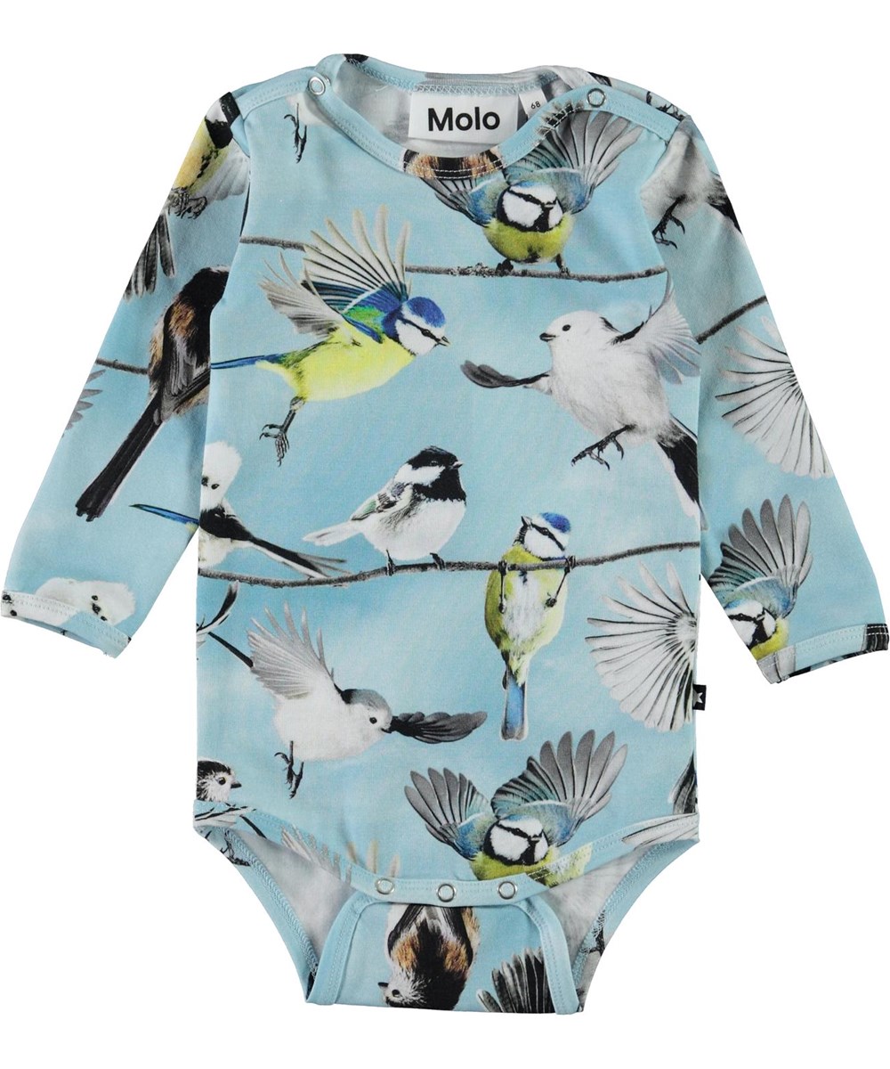 Foss - Baby Birds - Light blue organic baby bodysuit with bird print 