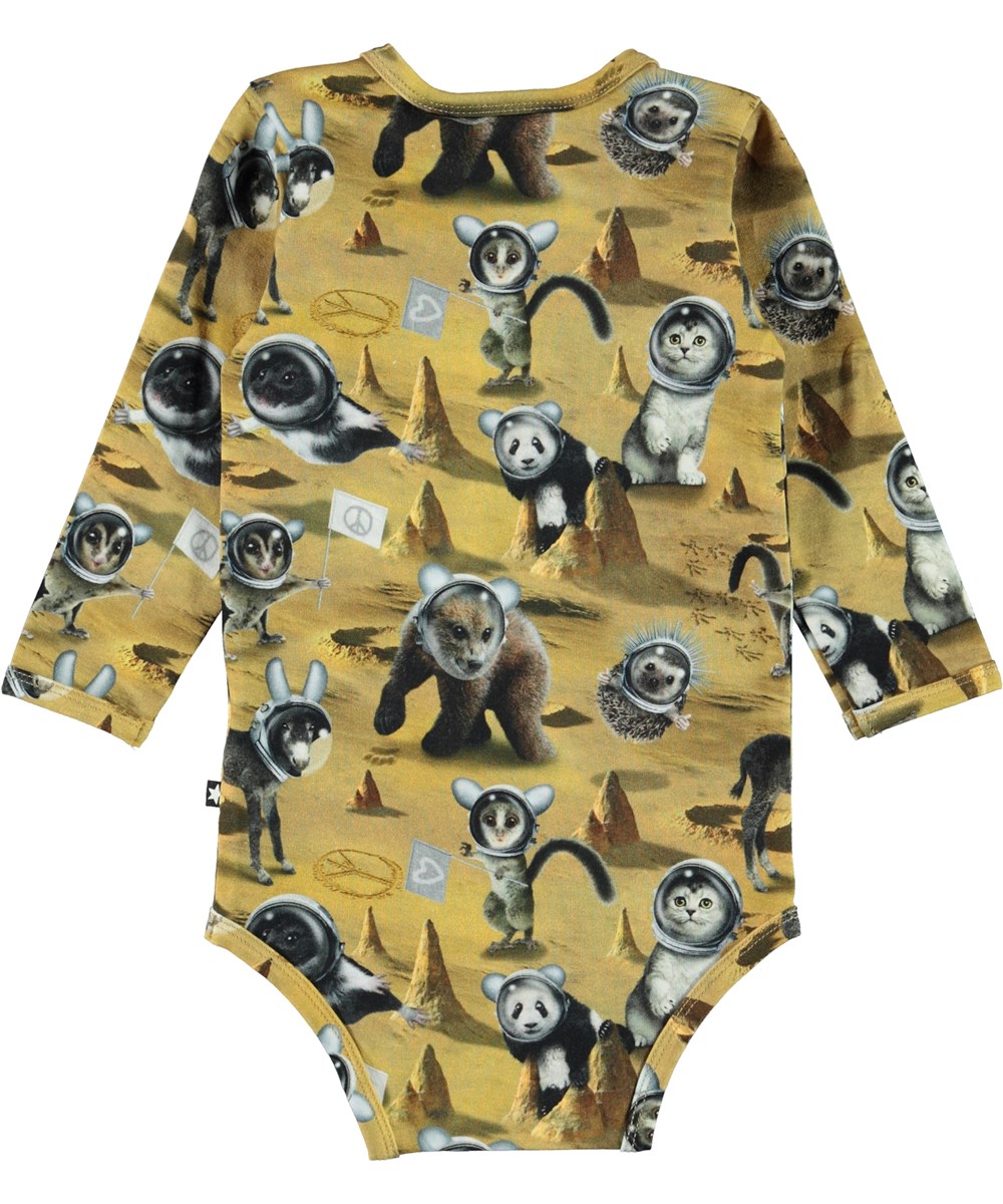 Foss - Kawaiii Planet - Yellow baby bodysuit with a print of animals in space