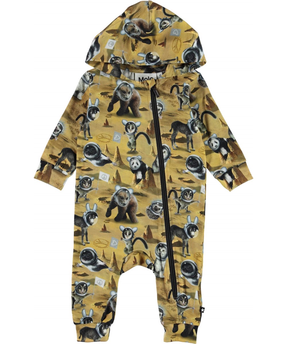 Fowo - Kawaiii Planet - Yellow baby romper with a hood and a print of animals