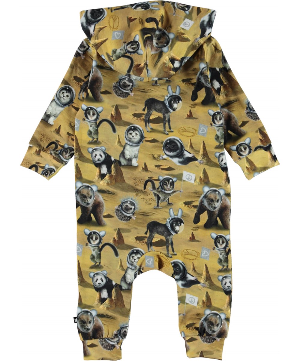 Fowo - Kawaiii Planet - Yellow baby romper with a hood and a print of animals