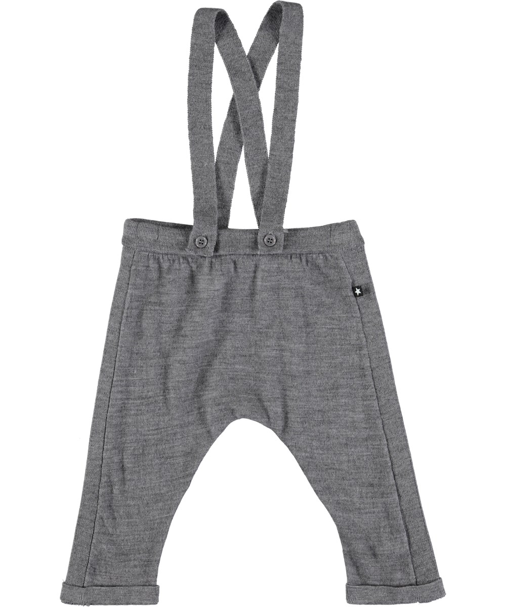 Sergej - Grey Melange - Grey, wool baby trousers with braces