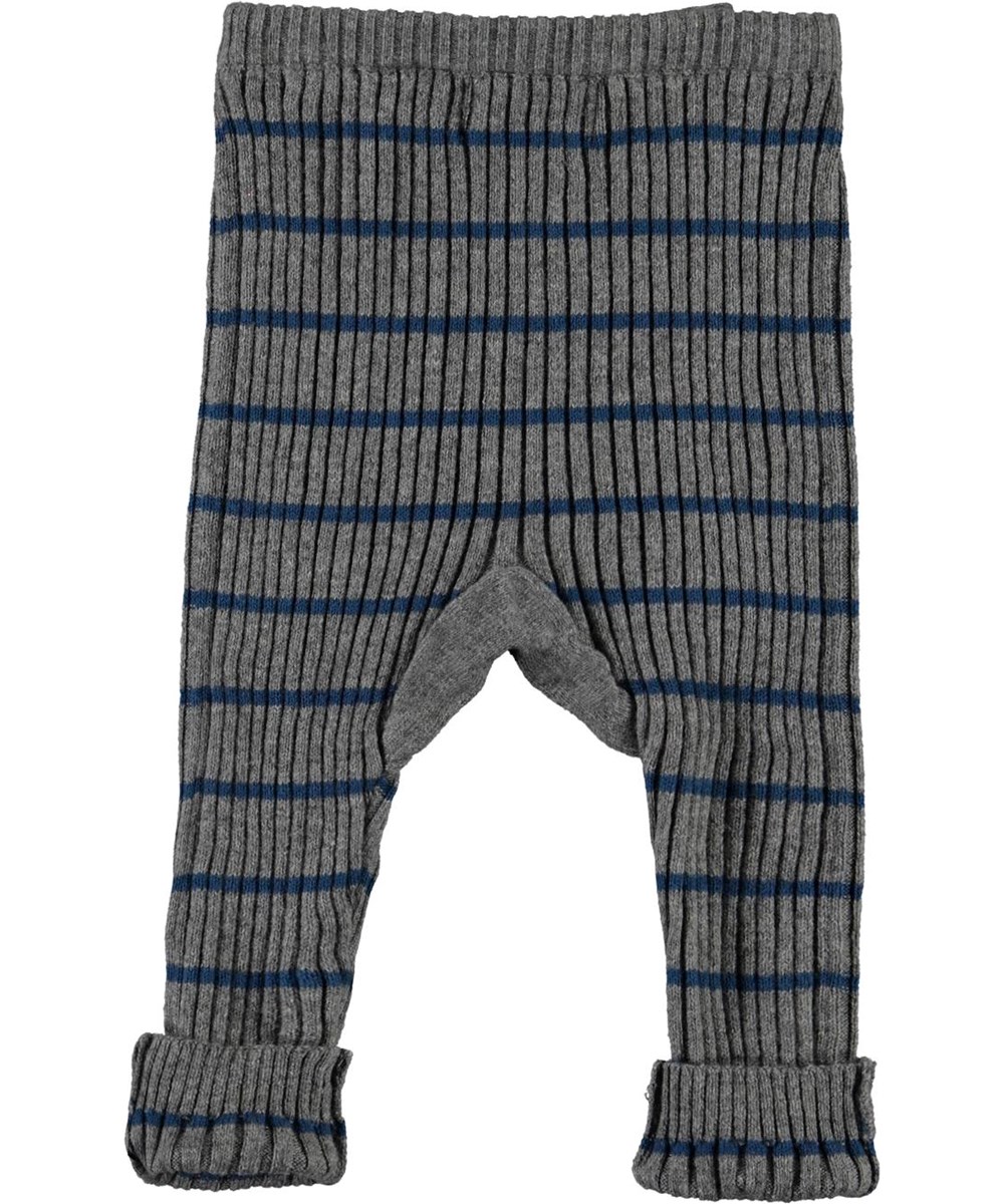Sigmund - Slim Stripe - Grey knit baby trousers with blue stripes