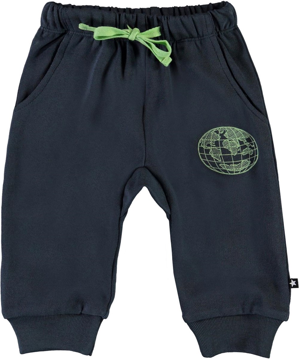 Simme - Summer Night - Blue organic baby trousers with planet Earth 