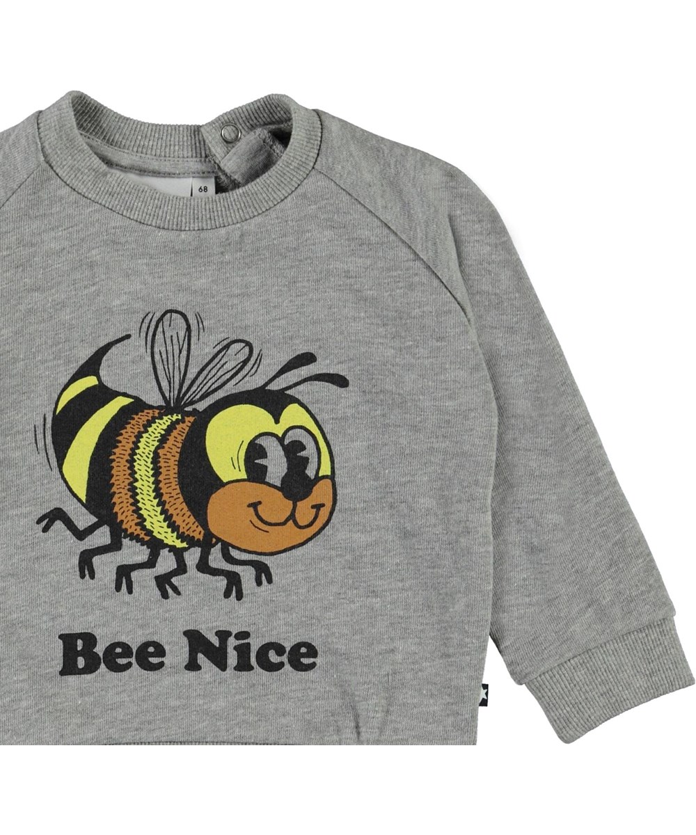 Disco - Grey Melange - Grey organic baby sweatshirt with bee print