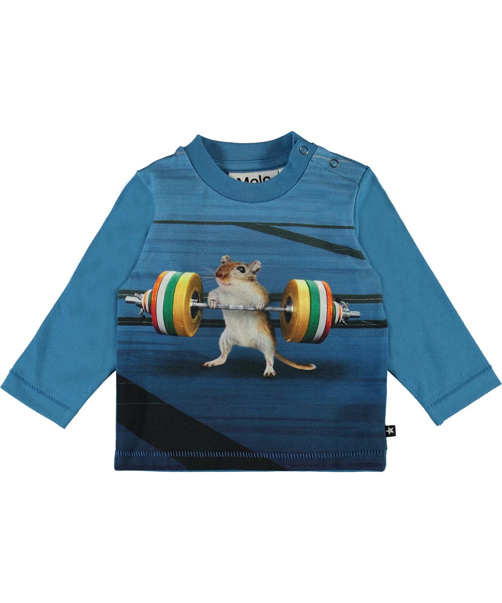 Enovan - Small But Strong - Blue organic top with mouse 