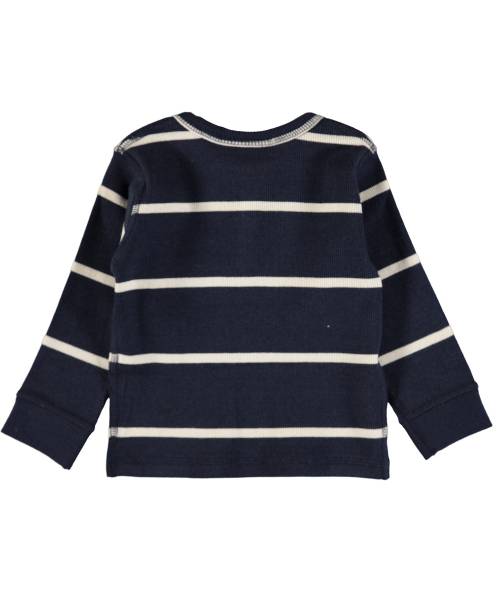 Ernst - Dirty White Stripe - Dark blue, striped baby top in soft rib 