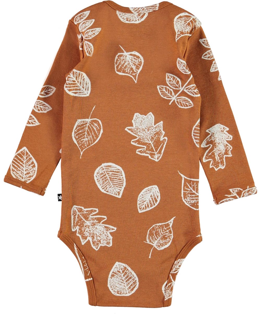 Faros - Leaves - Økologisk brun baby body med blade