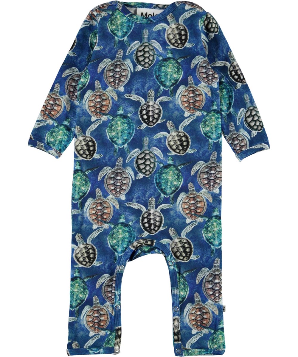 Fleming - Mini Turtles - Blå babydragt med skildpadde print