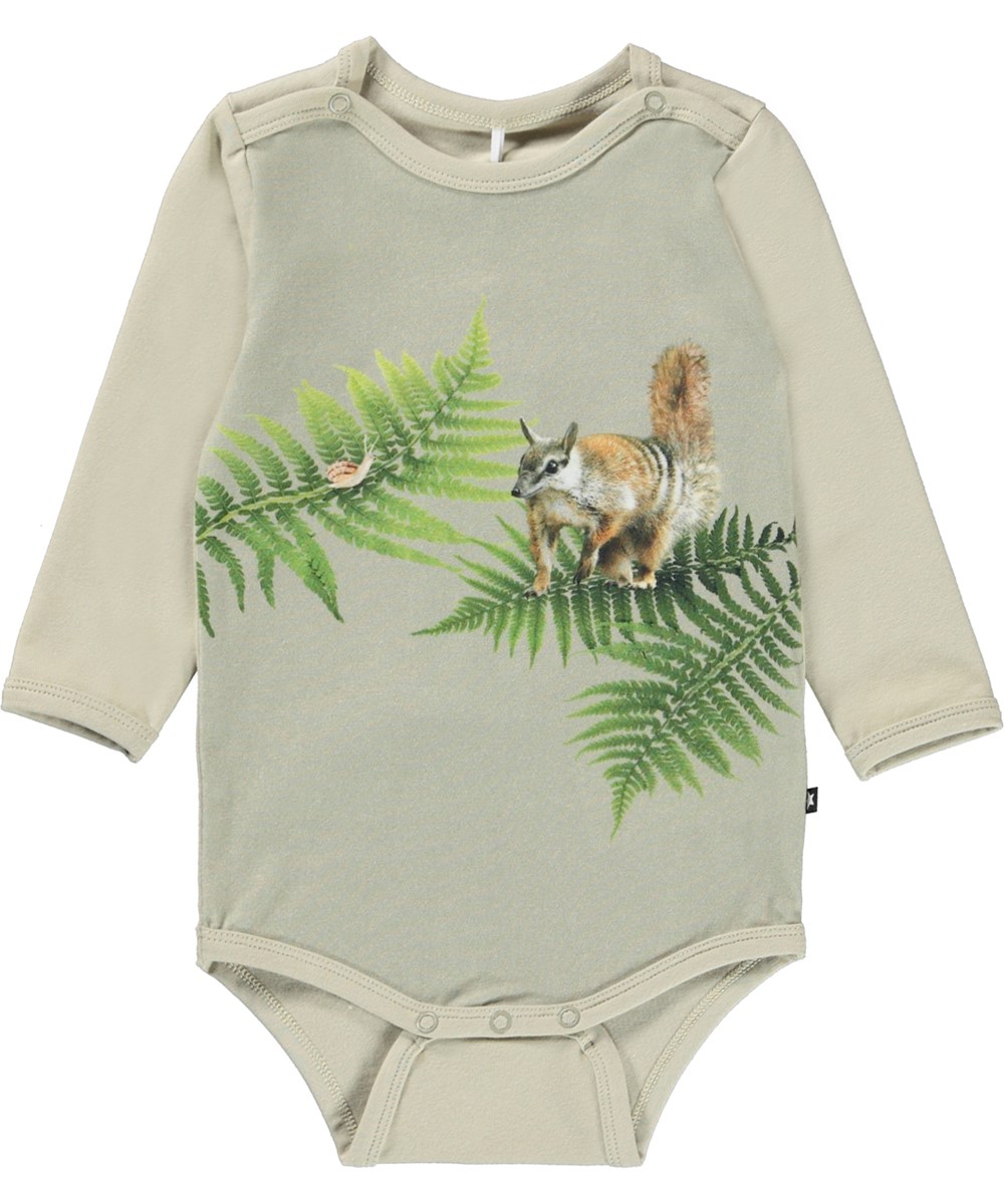 Foss - Fern Encounter - Økologisk lysegrøn babybody med print af egern