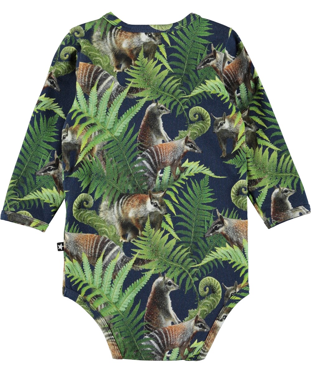 Foss - Fern Friends - Blå babybody med print af egern og planter