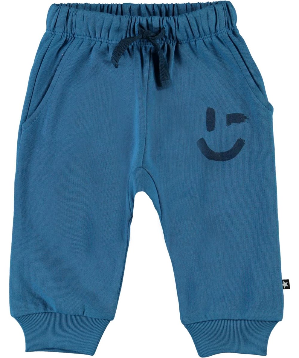 Simme - Aqua - Økologiske blå baby bukser med smiley