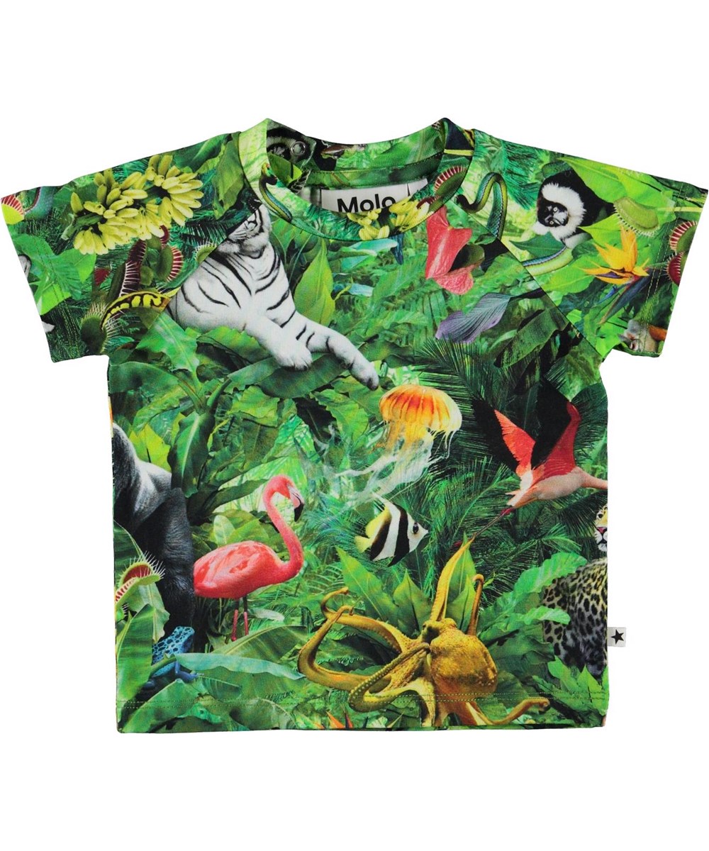 Emmett - Fantasy Jungle - Grøn baby t-shirt med dyre print