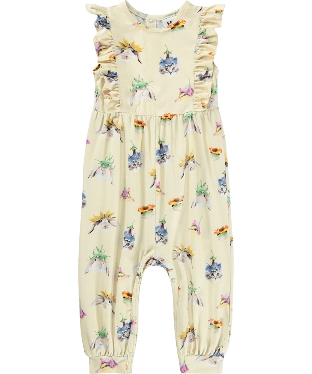 Fallon - Floral Fun Baby - Gul overall för de små i ekologisk bomull med djurmotiv och volanger