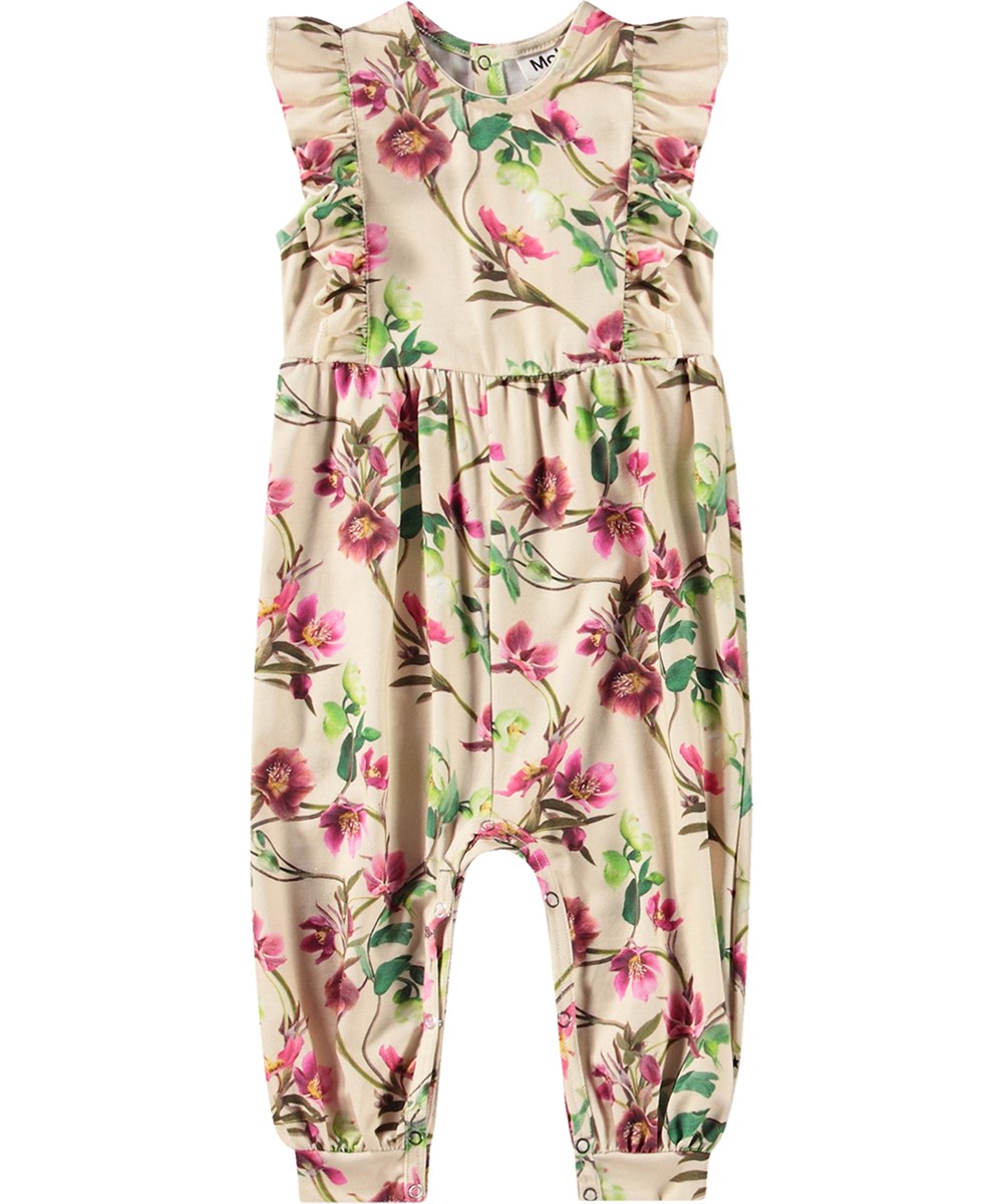Fallon - Hellebore - Beige overall i mjuk ekologisk bomull med blommigt tryck.