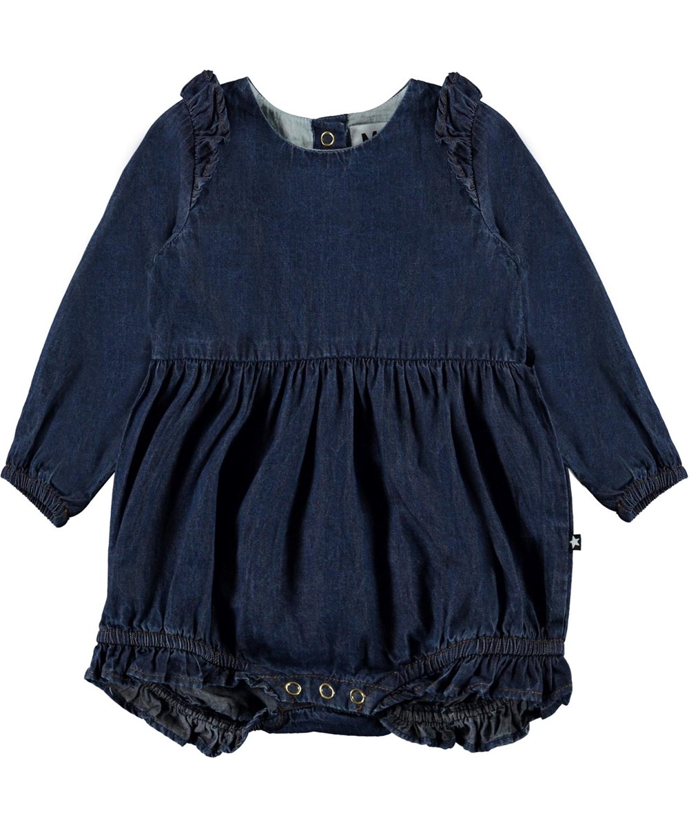 Fawn - Washed Dark Blue - Mörkblå body i jeans med volanger