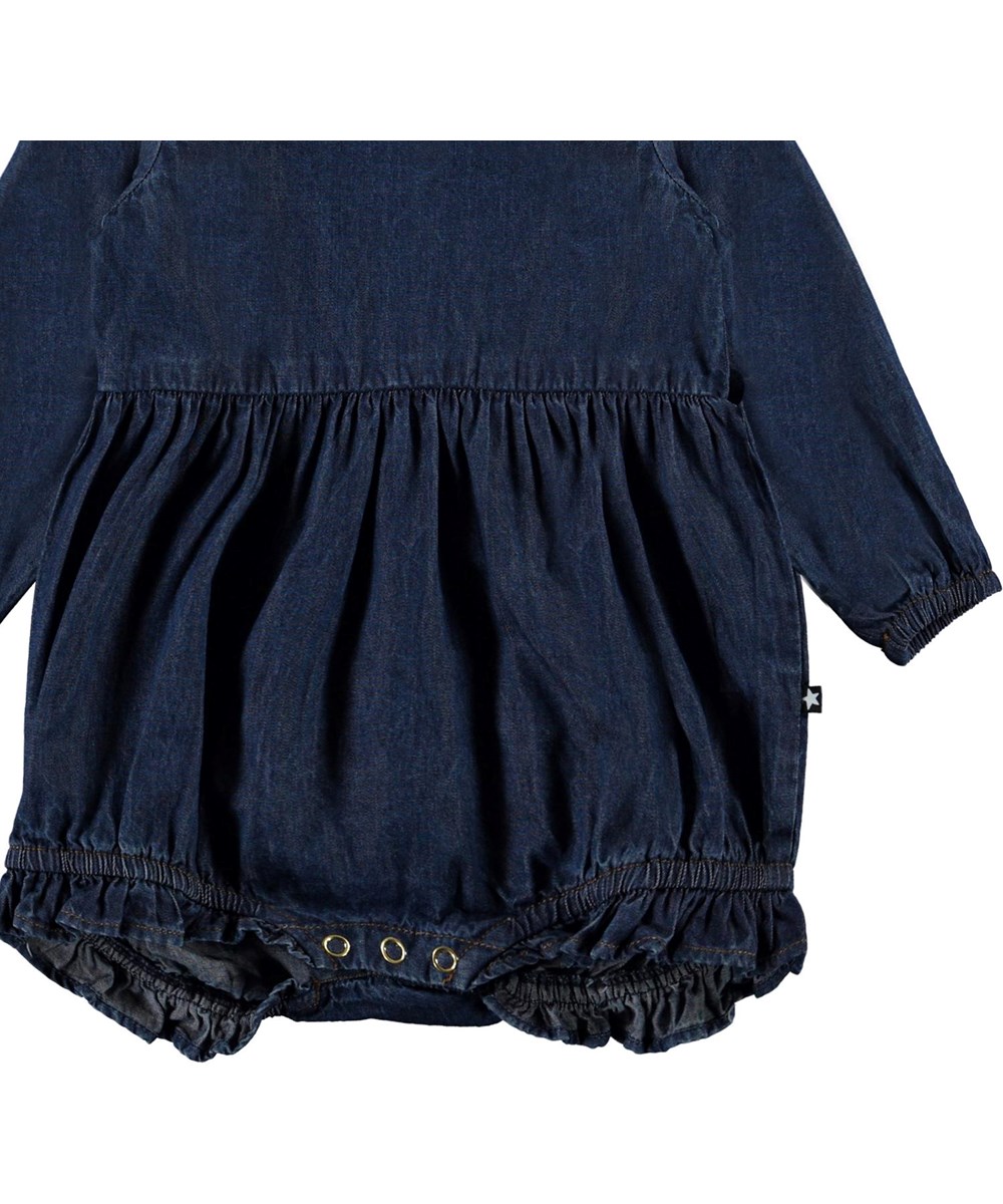 Fawn - Washed Dark Blue - Mörkblå body i jeans med volanger