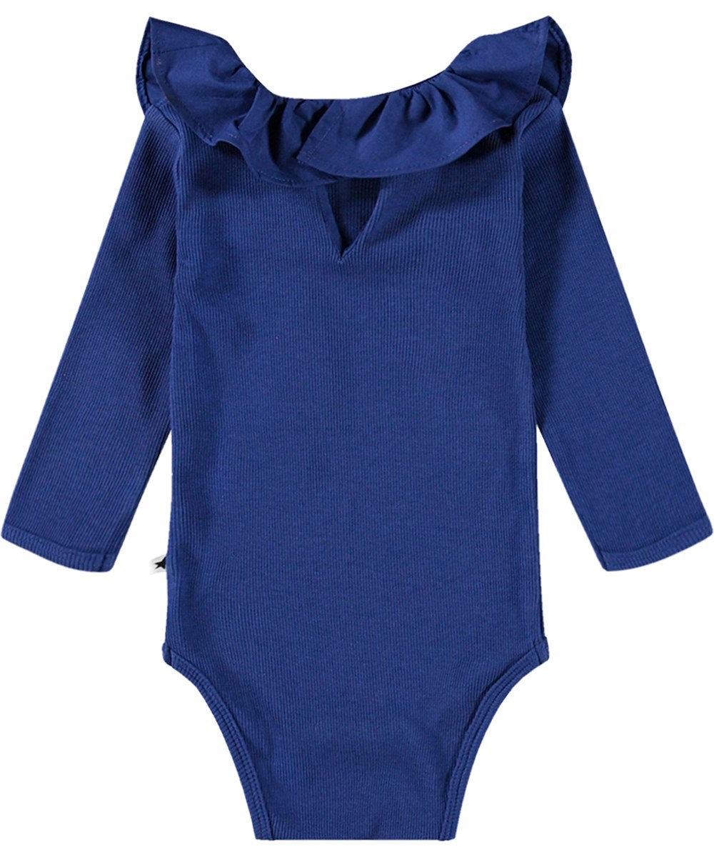Faye - Vibrant Blue - Marinblå långärmad body i ribbad ekologisk bomull med en poplinkrage och tryckknappar på baksidan och mellan benen.