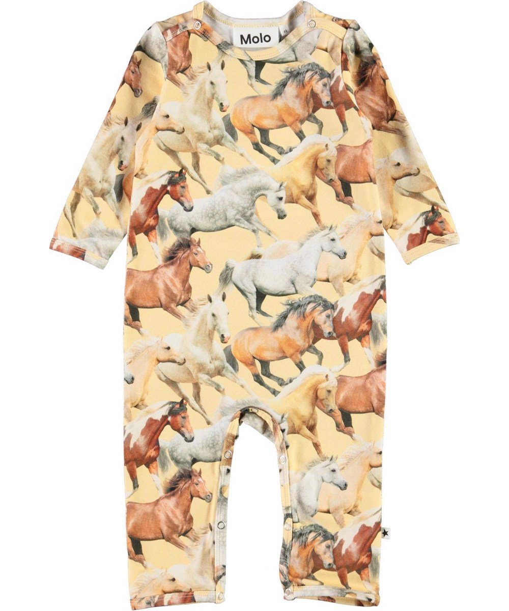 Fenez - Horse Dreams Baby - Ekologisk långärmad babydräkt i gul med hästar.