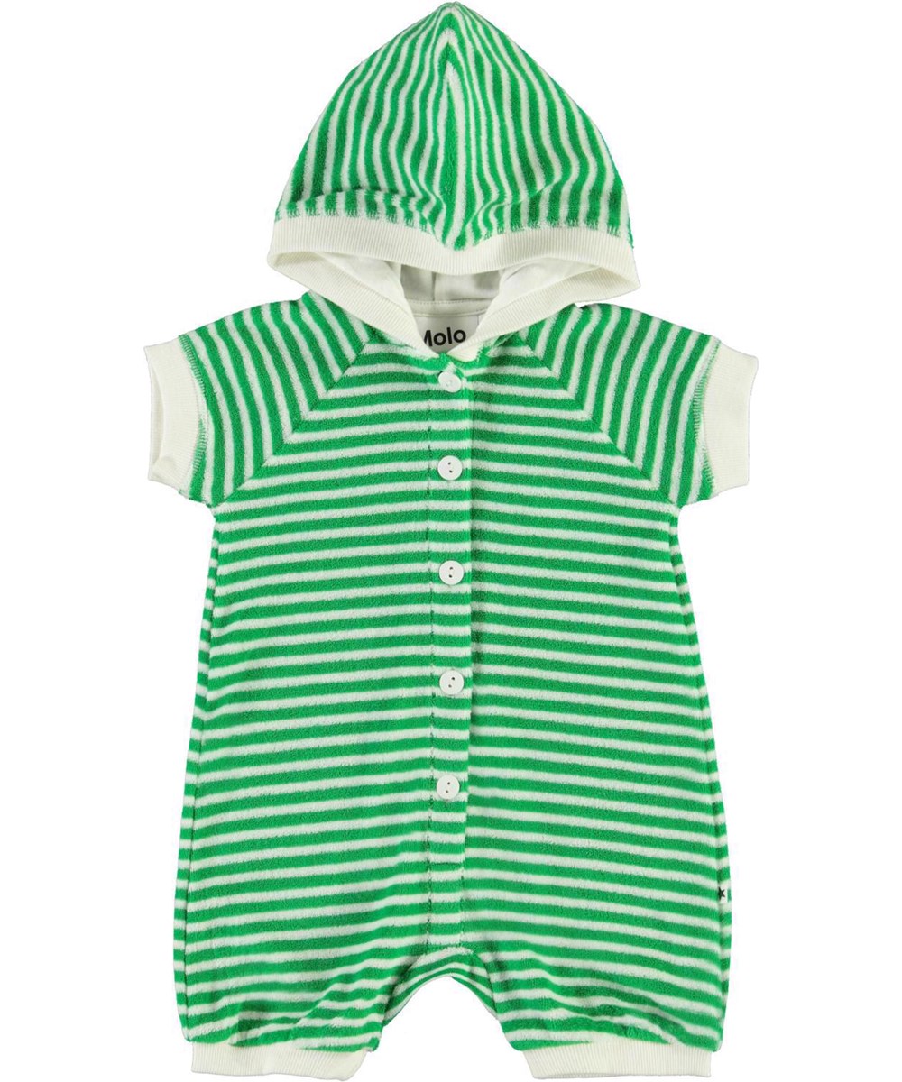 Fidelia - Fine Green Stripe - Babydräkt i frotté med gröna och vita ränder.