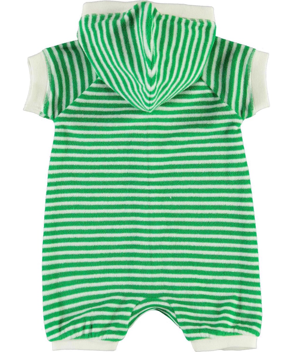 Fidelia - Fine Green Stripe - Babydräkt i frotté med gröna och vita ränder.