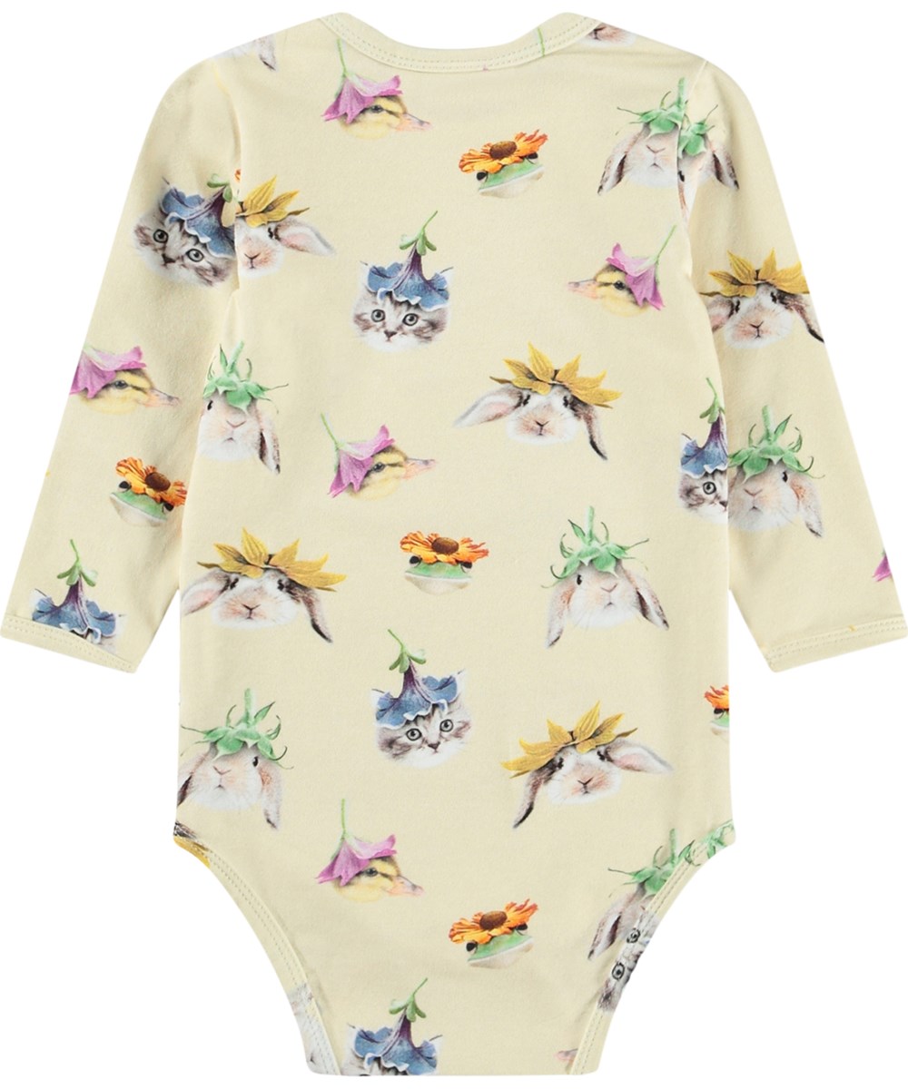Foss - Floral Fun Baby - Gul, långärmad bodysuit för de små i ekologisk bomull med djurmotiv