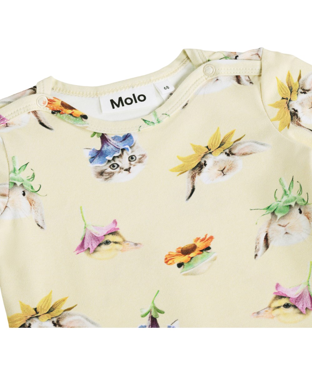 Foss - Floral Fun Baby - Gul, långärmad bodysuit för de små i ekologisk bomull med djurmotiv
