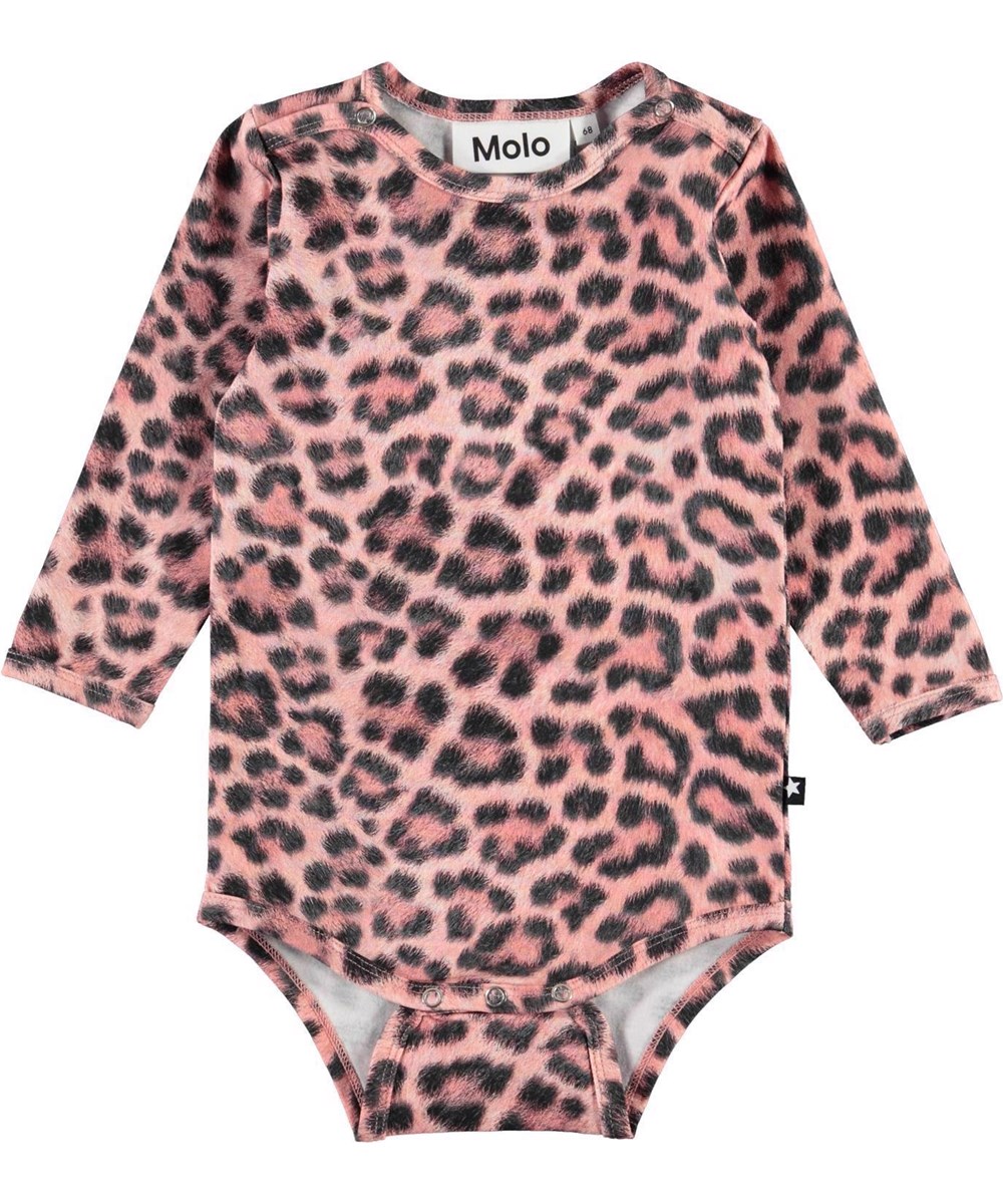Foss - Rose Jaguar - Rosa ekologisk babybody med leopardmönster.