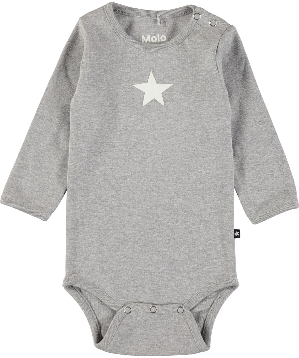 Foss - Grey Melange - Långärmad, grå baby body med tryckt stjärna